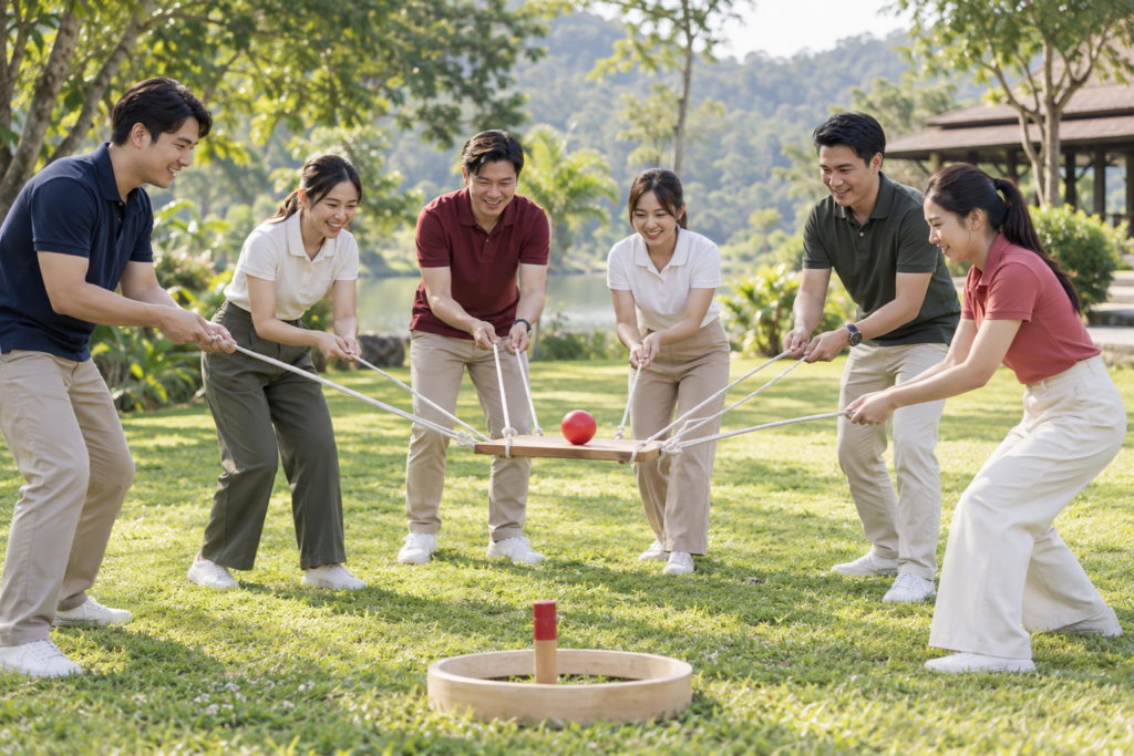 teamwork challenge on a thai resort lawn 3
